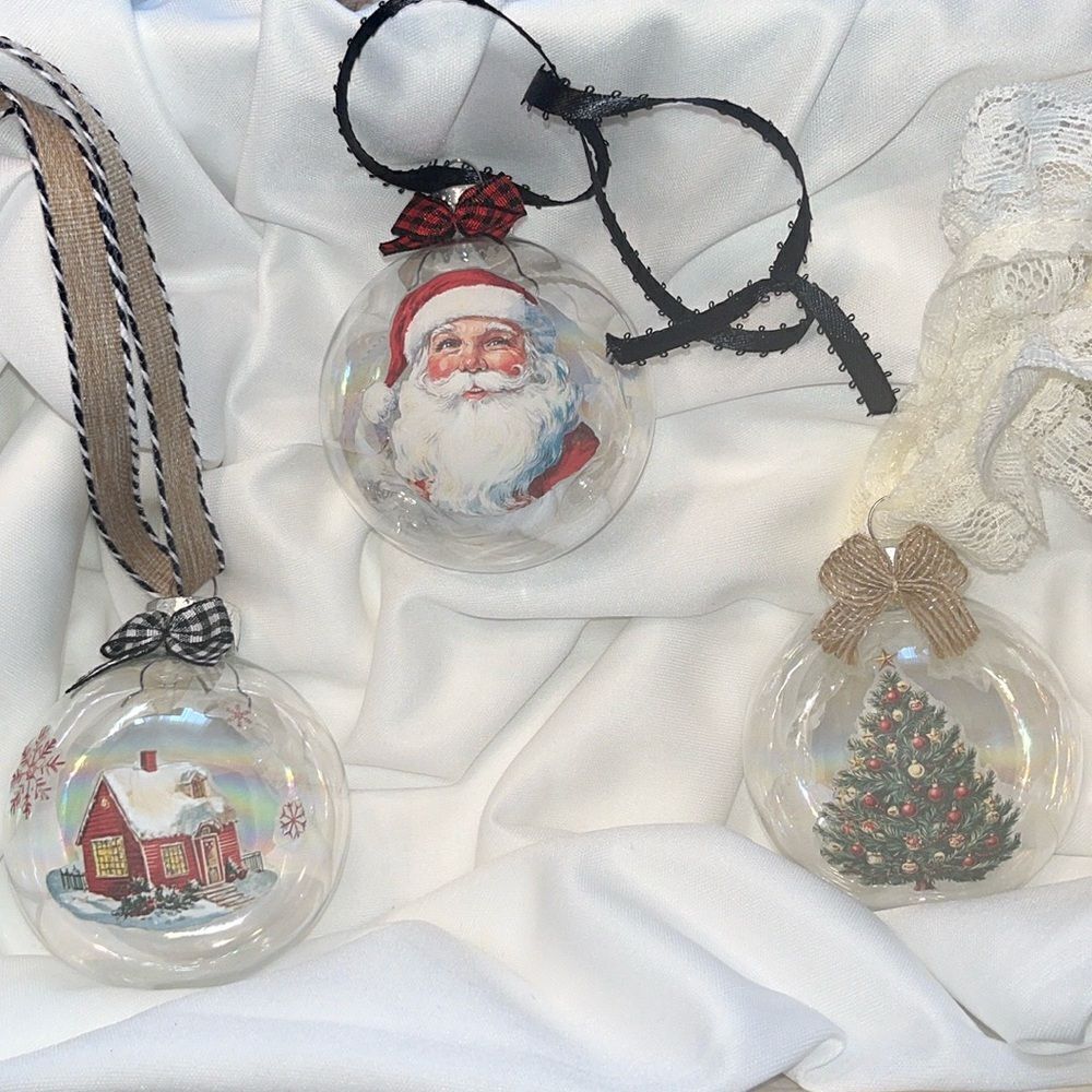 Upcycled Clear Glass Ornaments 3 Different Christmas Balls house, Santa and tree